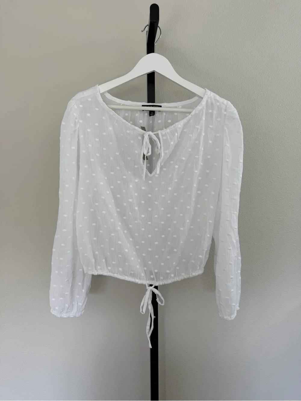 J. Crew White Swiss Dot Tie-Neck Peasant Blouse